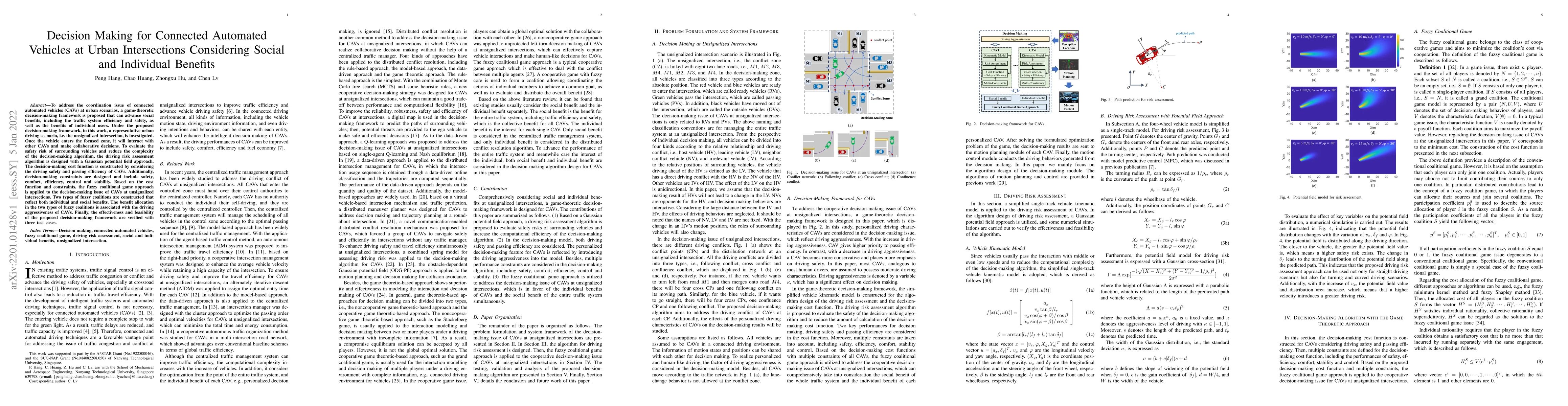Thumbnail for Decision Making for Connected Automated Vehicles at Urban Intersections
  Considering Social and Individual Benefits