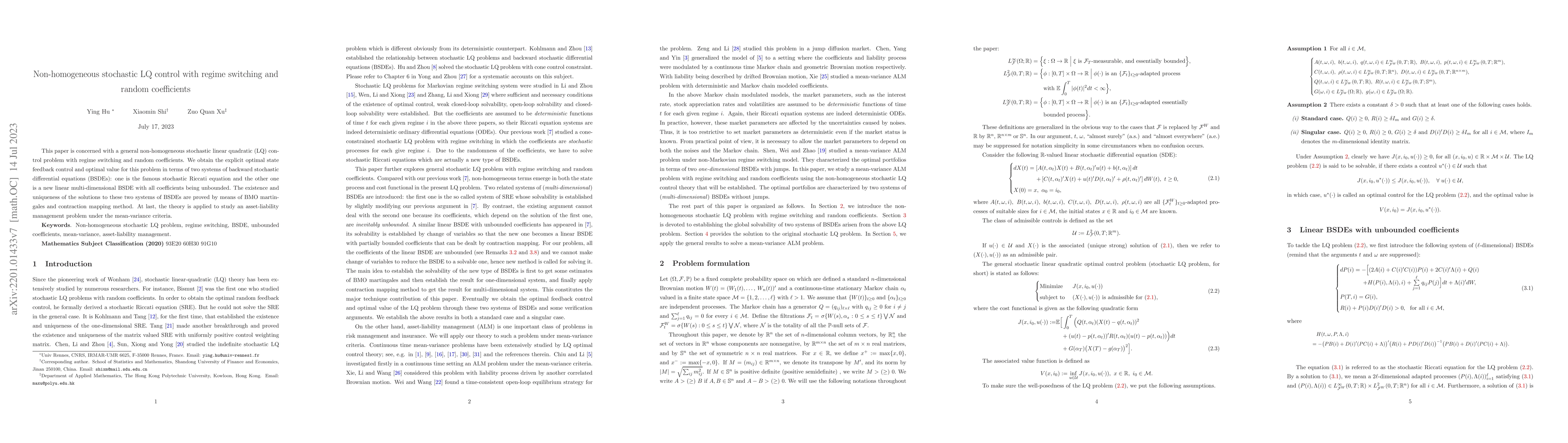 Thumbnail for Non-homogeneous stochastic LQ control with regime switching and random
  coefficients