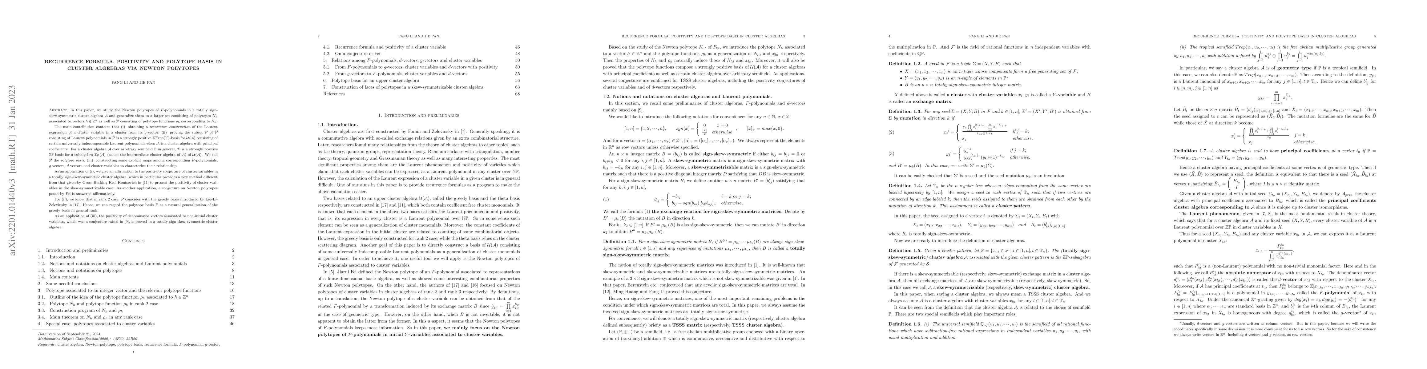 Thumbnail for Recurrence formula, positivity and polytope basis in cluster algebras
  via Newton polytopes