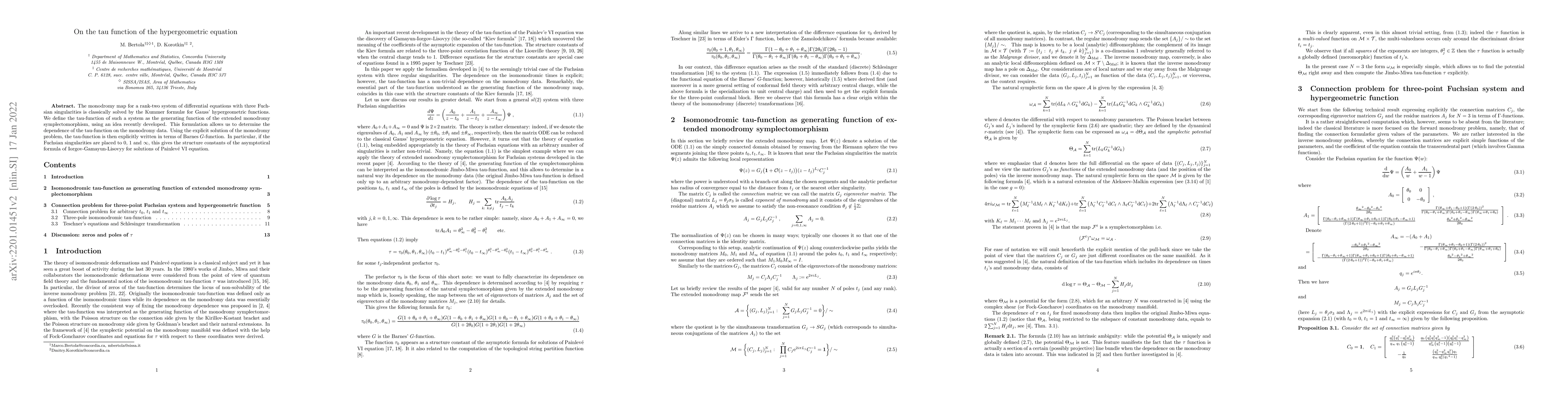 Thumbnail for On the tau function of the hypergeometric equation