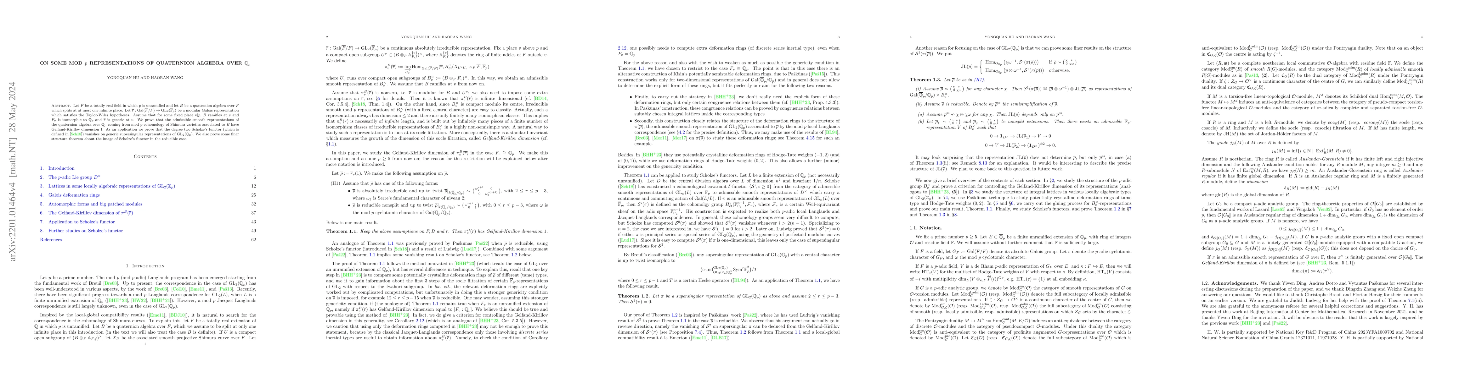 Thumbnail for On some mod $p$ representations of quaternion algebra over
  $\mathbb{Q}_p$