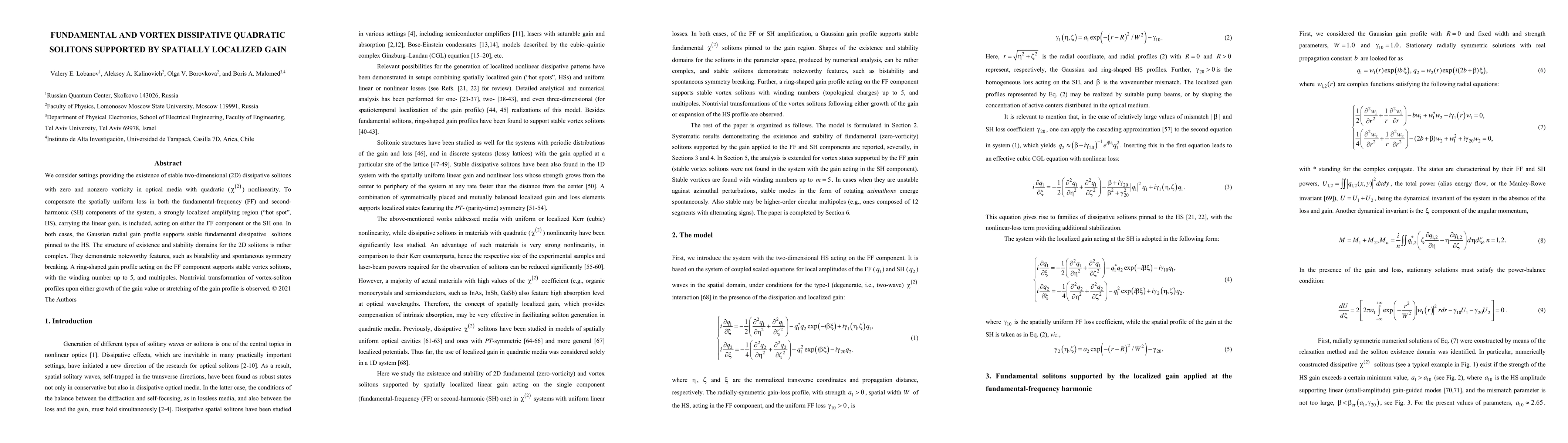 Thumbnail for Fundamental and vortex dissipative quadratic solitons supported by
  spatially localized gain