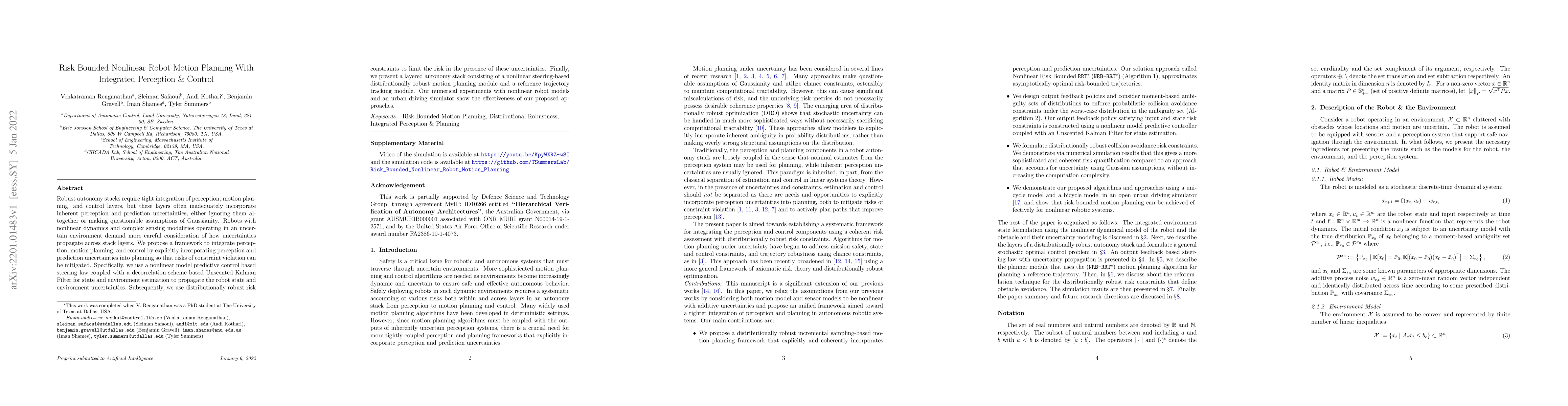 Thumbnail for Risk Bounded Nonlinear Robot Motion Planning With Integrated Perception
  & Control