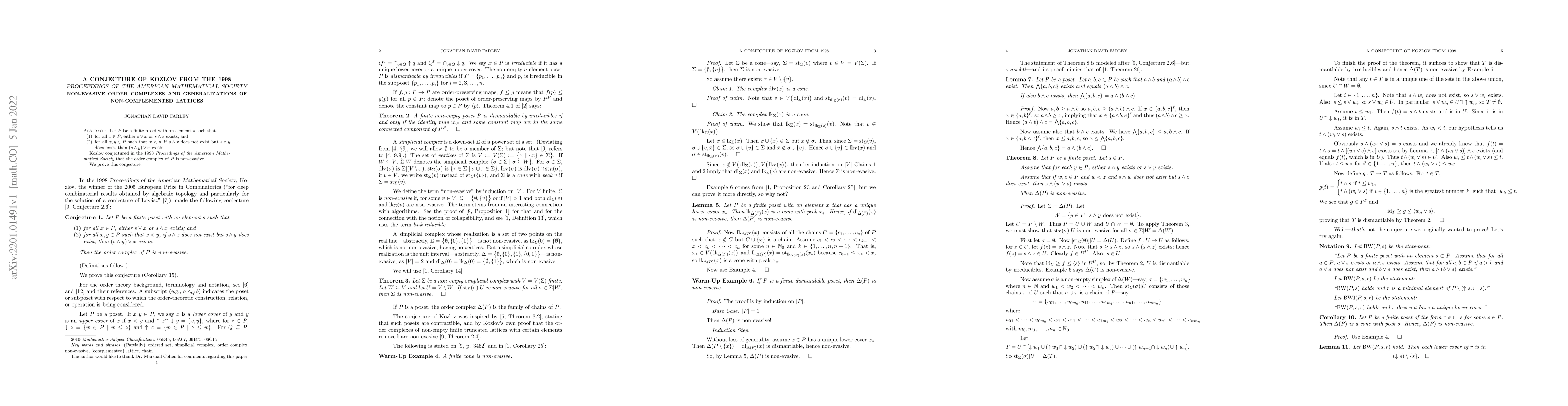 Thumbnail for A Conjecture of Kozlov from the 1998 Proceedings of the American
  Mathematical Society: Non-Evasive Order Complexes and Generalizations of
  Non-Complemented Lattices