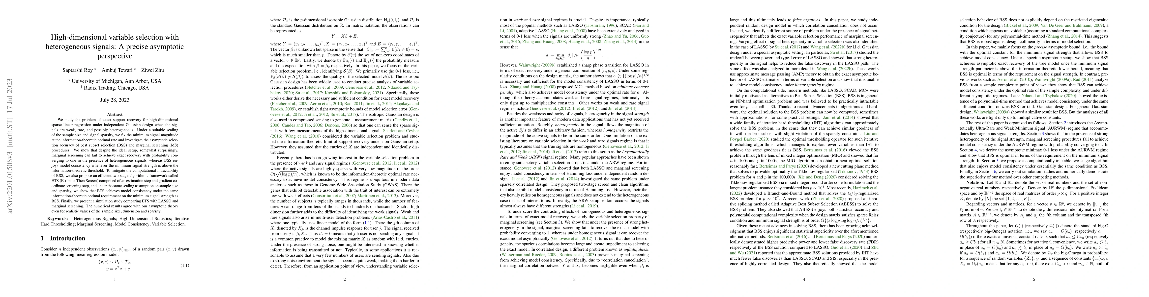 Thumbnail for High-dimensional variable selection with heterogeneous signals: A
  precise asymptotic perspective