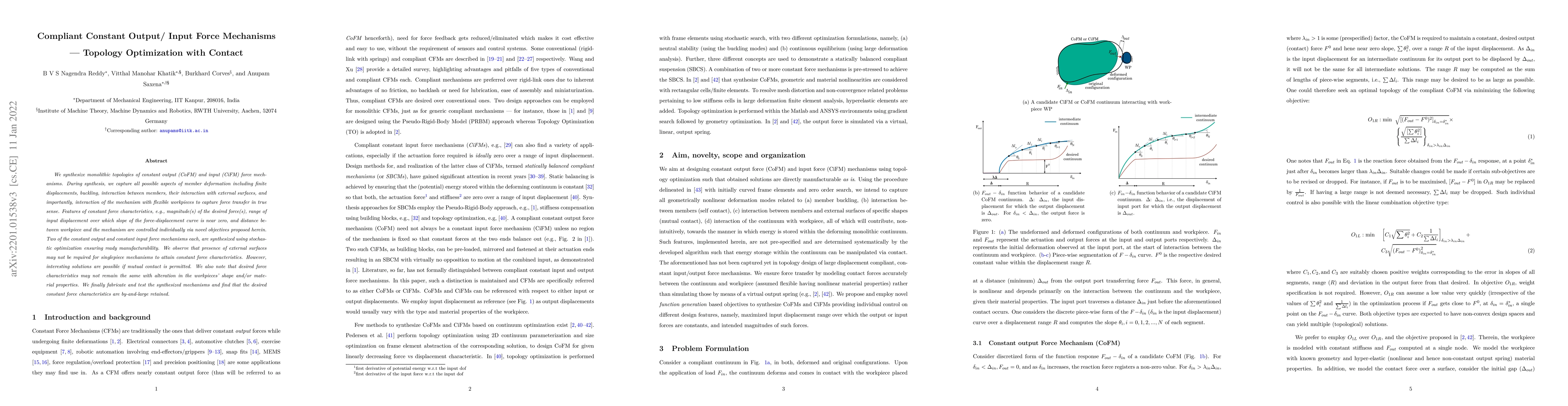 Thumbnail for Compliant Constant Output/ Input Force Mechanisms- Topology Optimization
  with Contact