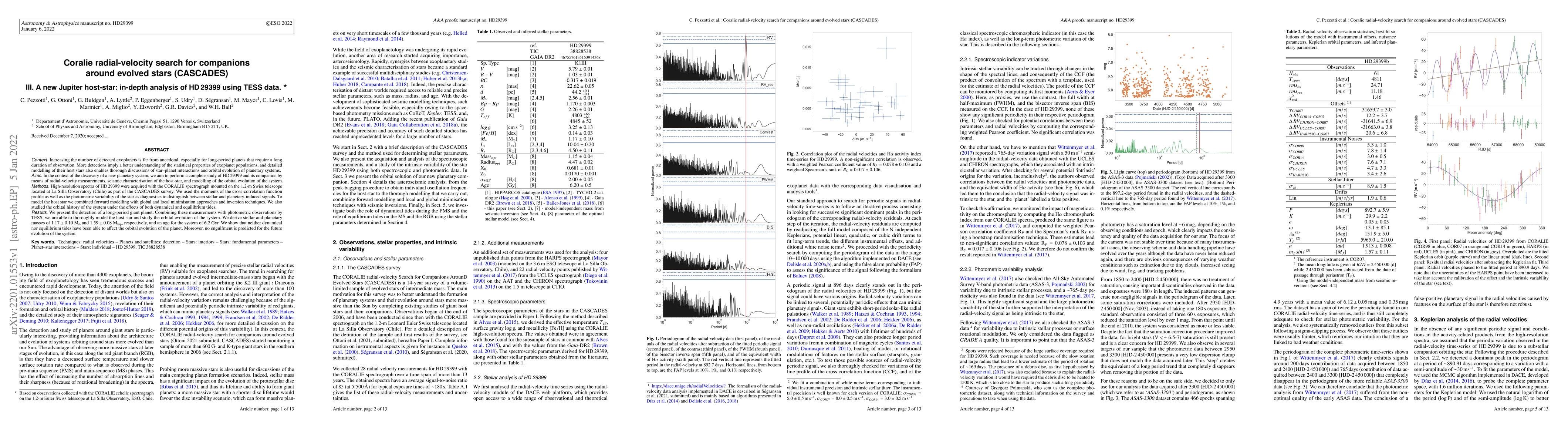 Thumbnail for Coralie radial-velocity search for companions around evolved stars
  (CASCADES) III. A new Jupiter host-star: in-depth analysis of HD 29399 using
  TESS data