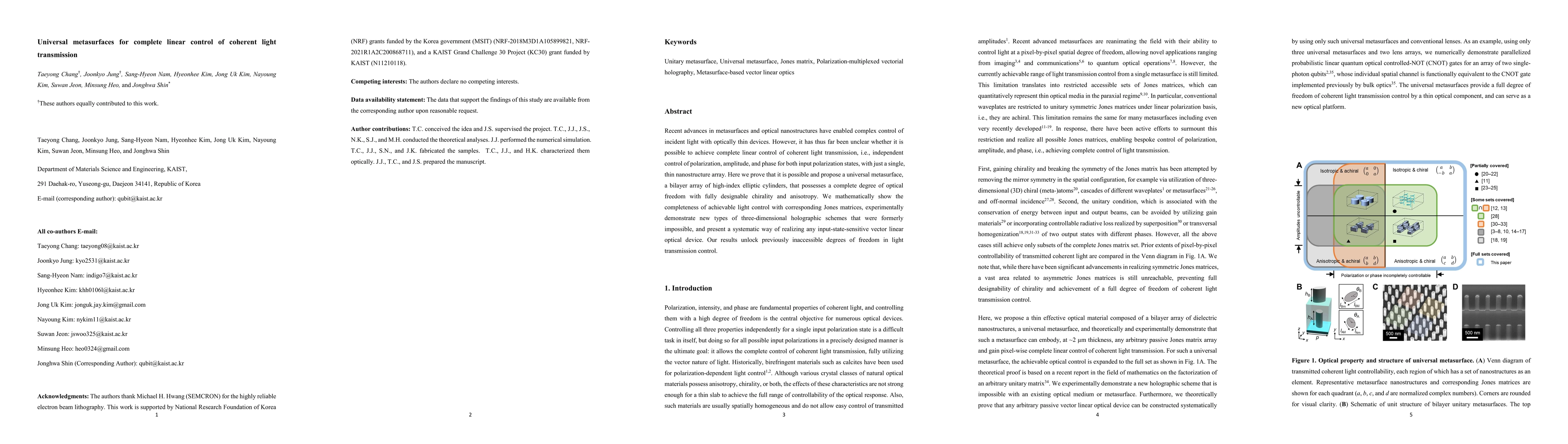 Thumbnail for Universal metasurfaces for complete linear control of coherent light
  transmission