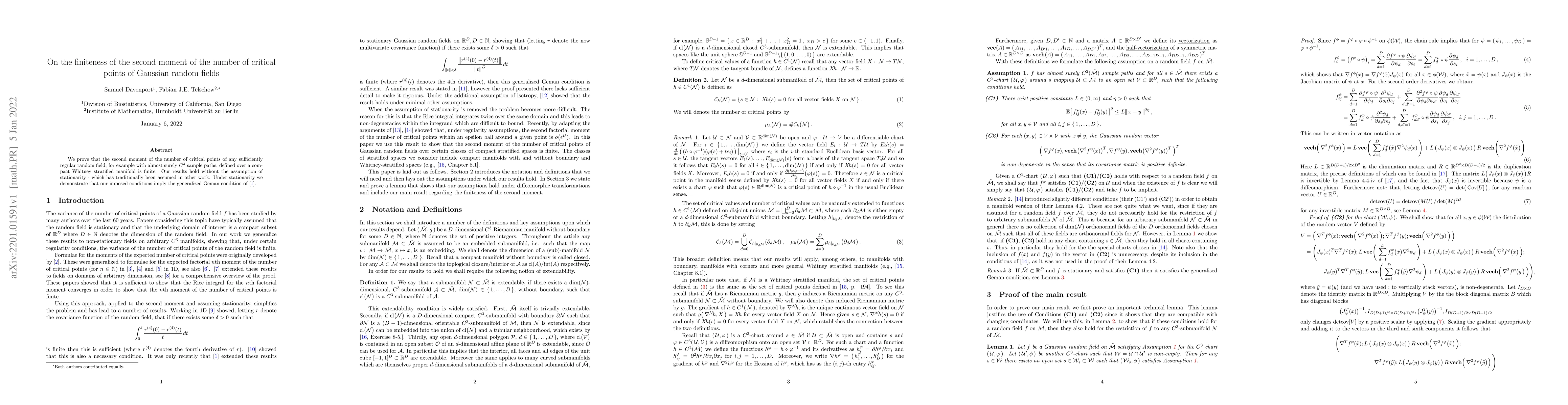 Thumbnail for On the finiteness of the second moment of the number of critical points
  of Gaussian random fields