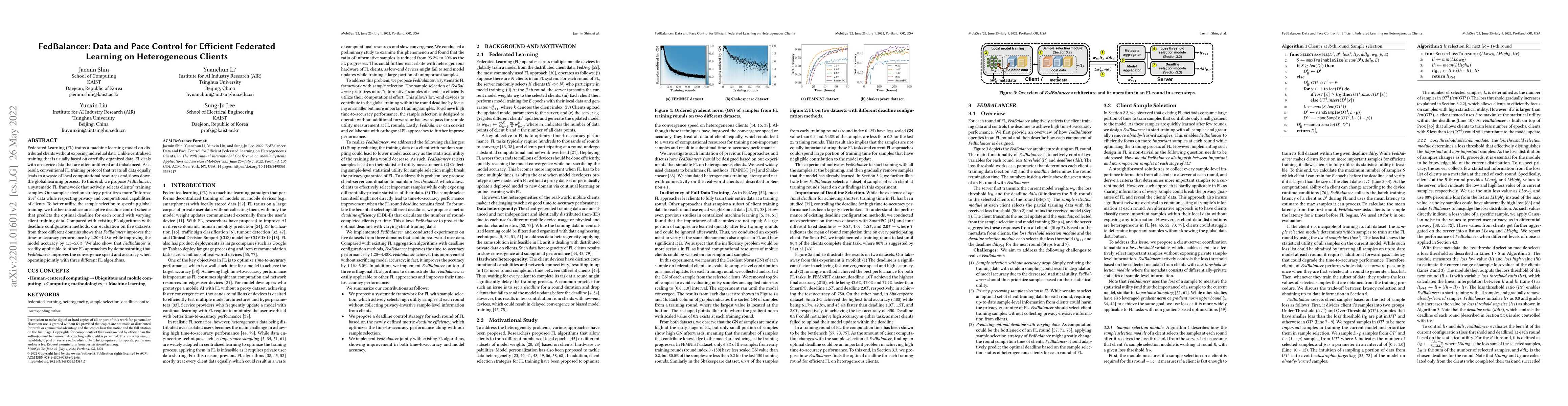 Thumbnail for FedBalancer: Data and Pace Control for Efficient Federated Learning on
  Heterogeneous Clients