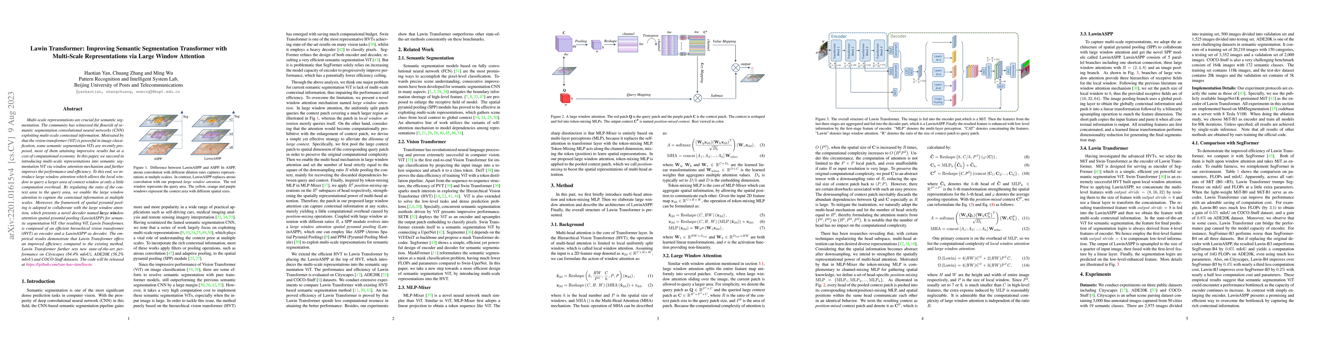 Thumbnail for Lawin Transformer: Improving Semantic Segmentation Transformer with
  Multi-Scale Representations via Large Window Attention