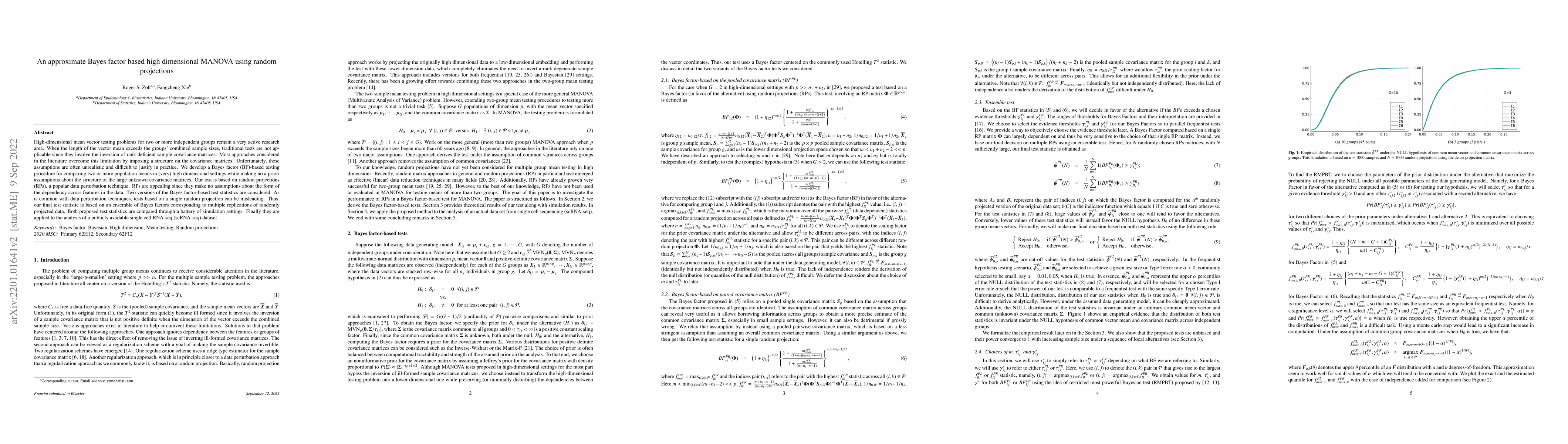 Thumbnail for An approximate Bayes factor based high dimensional MANOVA using Random
  Projections