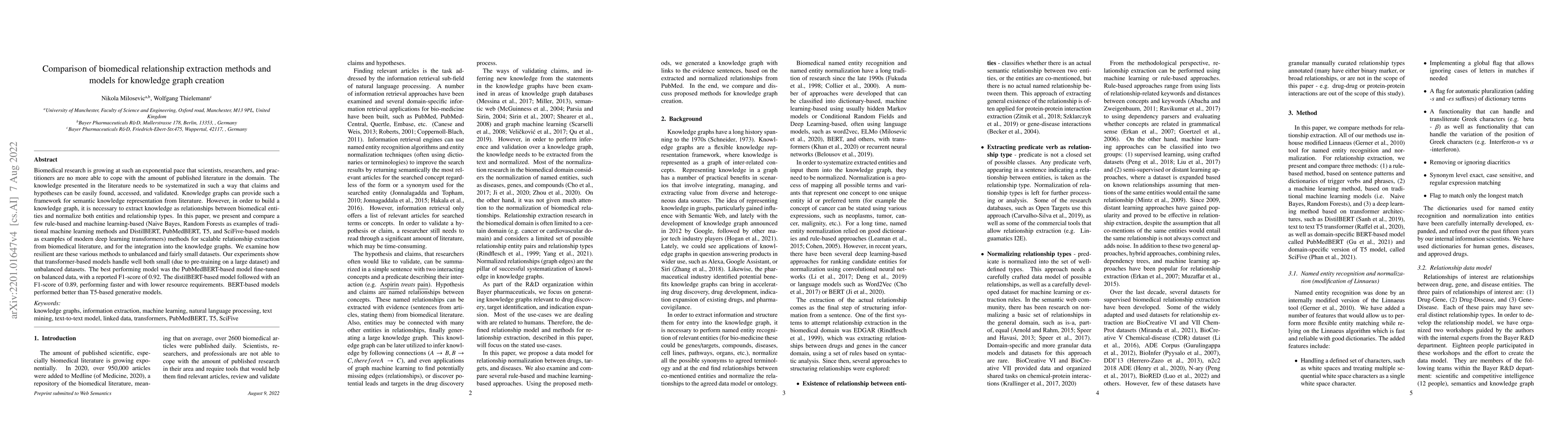 Thumbnail for Comparison of biomedical relationship extraction methods and models for
  knowledge graph creation
