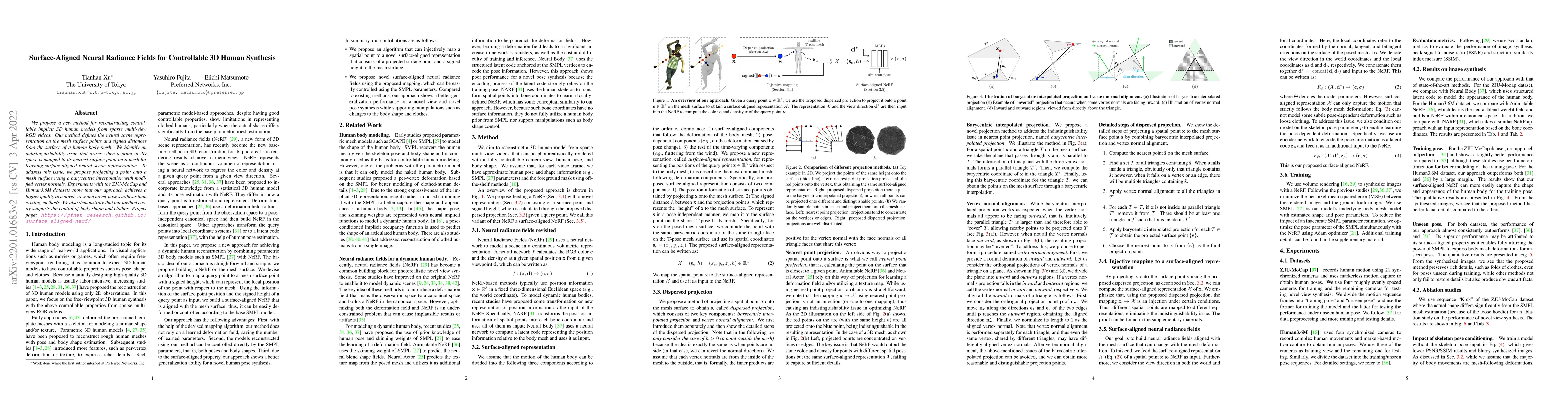Thumbnail for Surface-Aligned Neural Radiance Fields for Controllable 3D Human
  Synthesis