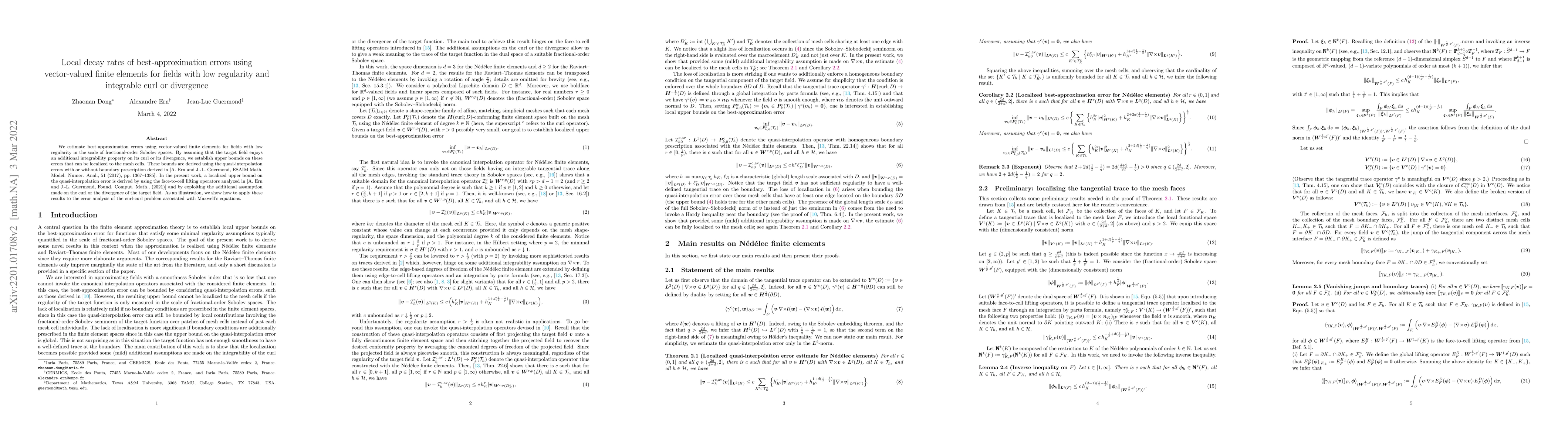 Thumbnail for Local decay rates of best-approximation errors using vector-valued
  finite elements for fields with low regularity and integrable curl or
  divergence