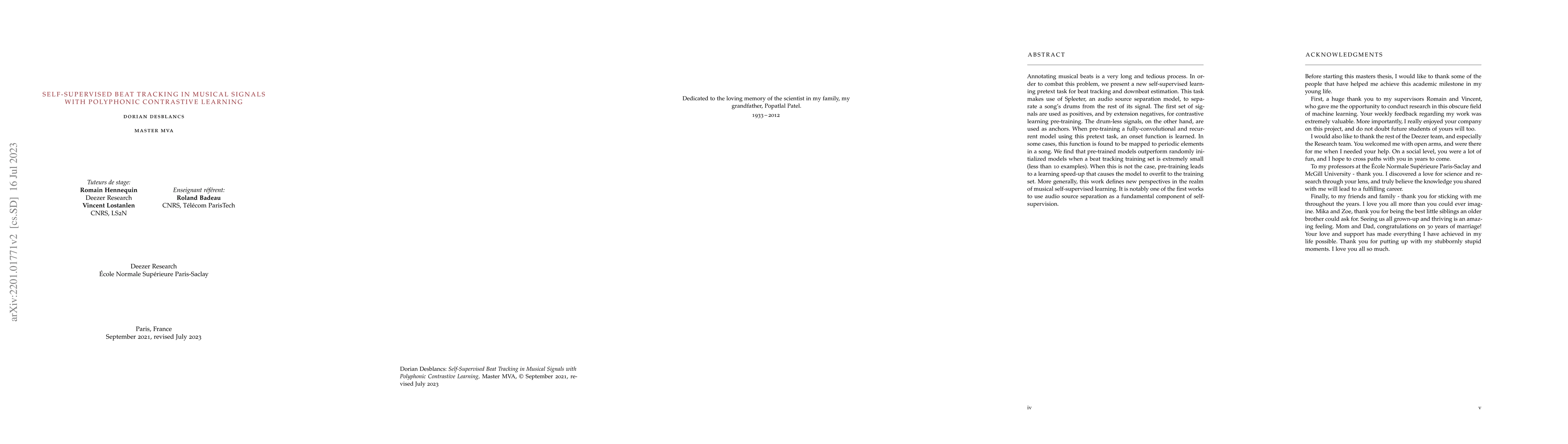 Thumbnail for Self-Supervised Beat Tracking in Musical Signals with Polyphonic
  Contrastive Learning