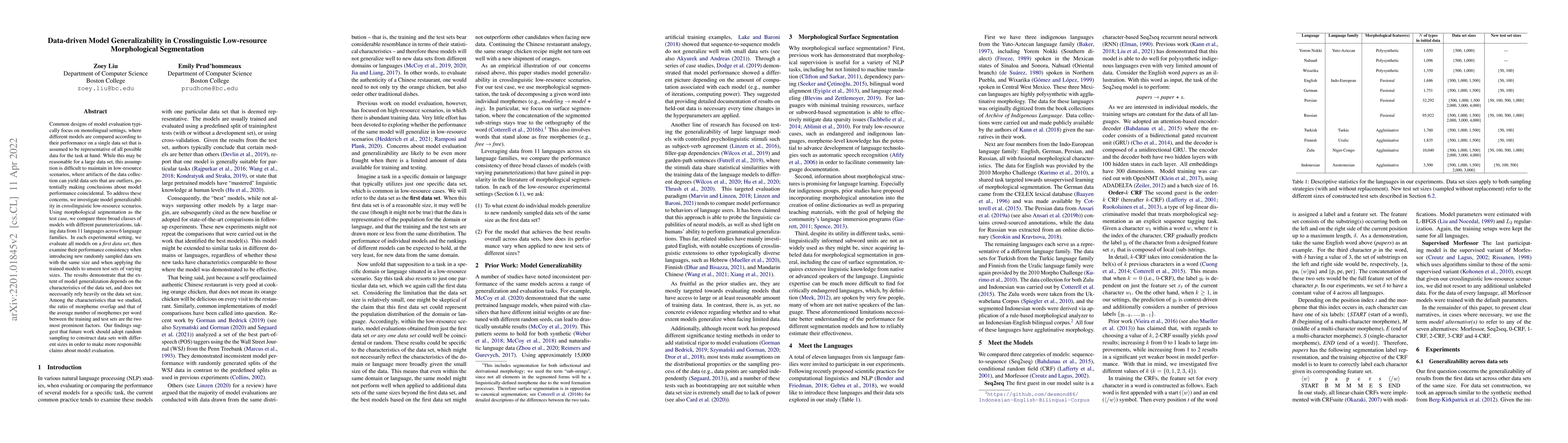 Thumbnail for Data-driven Model Generalizability in Crosslinguistic Low-resource
  Morphological Segmentation