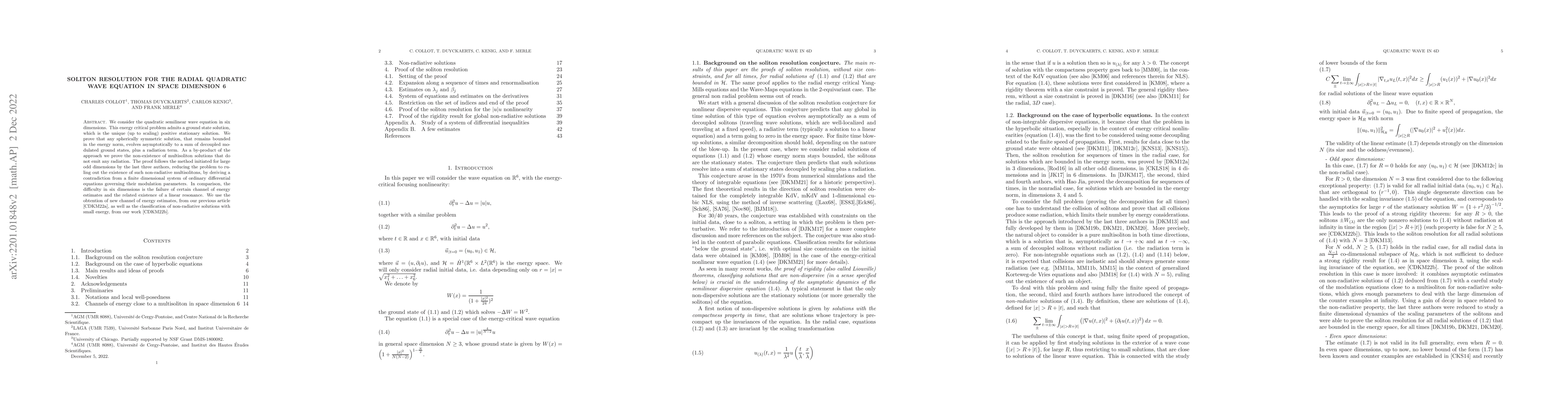 Thumbnail for Soliton resolution for the radial quadratic wave equation in six space
  dimensions