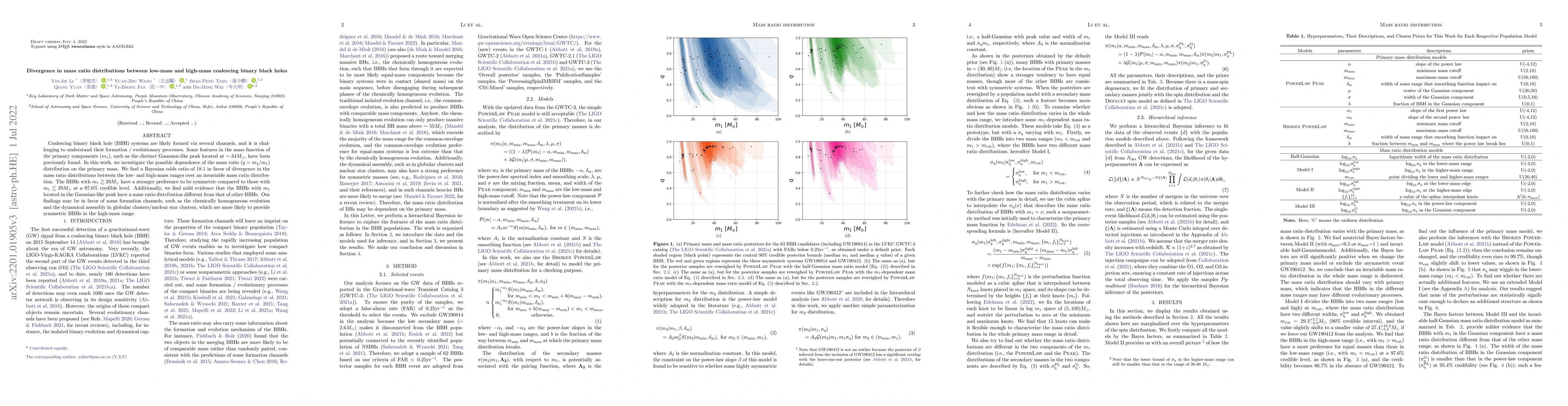 Thumbnail for Divergence in mass ratio distributions between low-mass and high-mass
  coalescing binary black holes