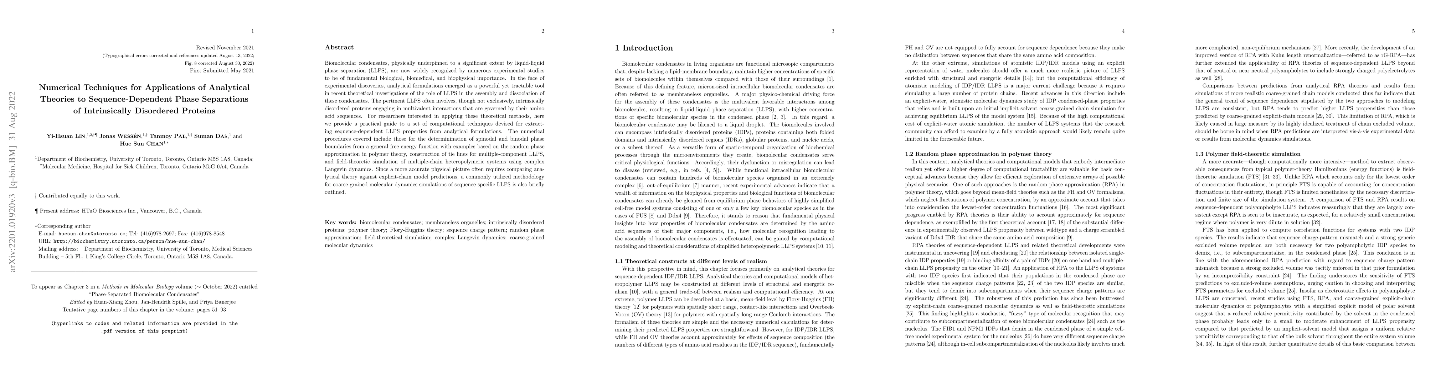 Thumbnail for Numerical Techniques for Applications of Analytical Theories to
  Sequence-Dependent Phase Separations of Intrinsically Disordered Proteins