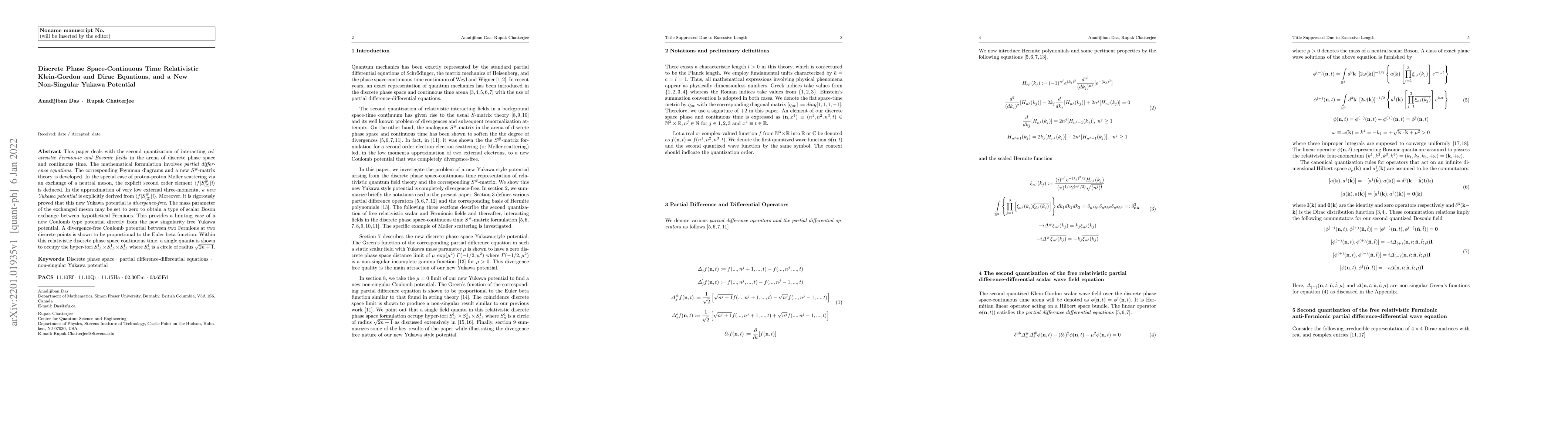 Thumbnail for Discrete Phase Space-Continuous Time Relativistic Klein-Gordon and Dirac
  Equations, and a New Non-Singular Yukawa Potential