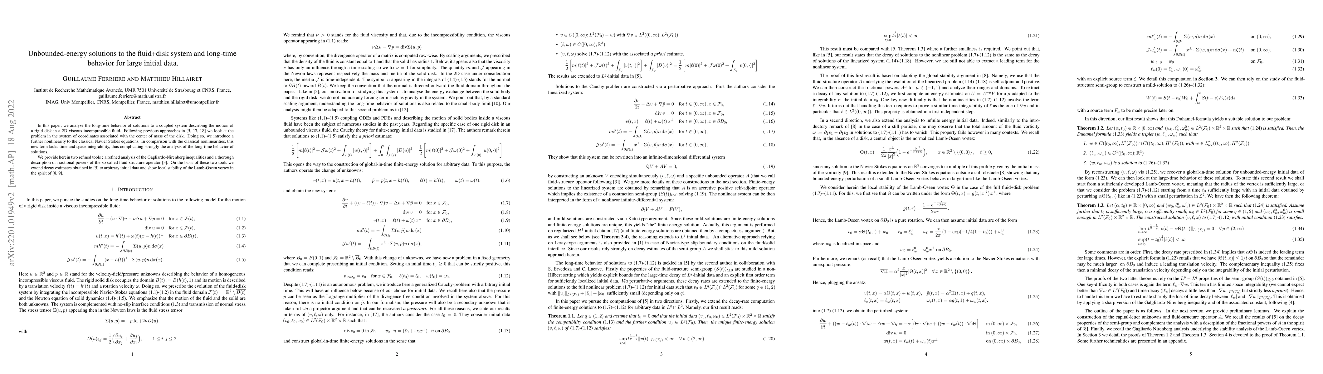 Thumbnail for Unbounded-energy solutions to the fluid+disk system and long-time
  behavior for large initial data