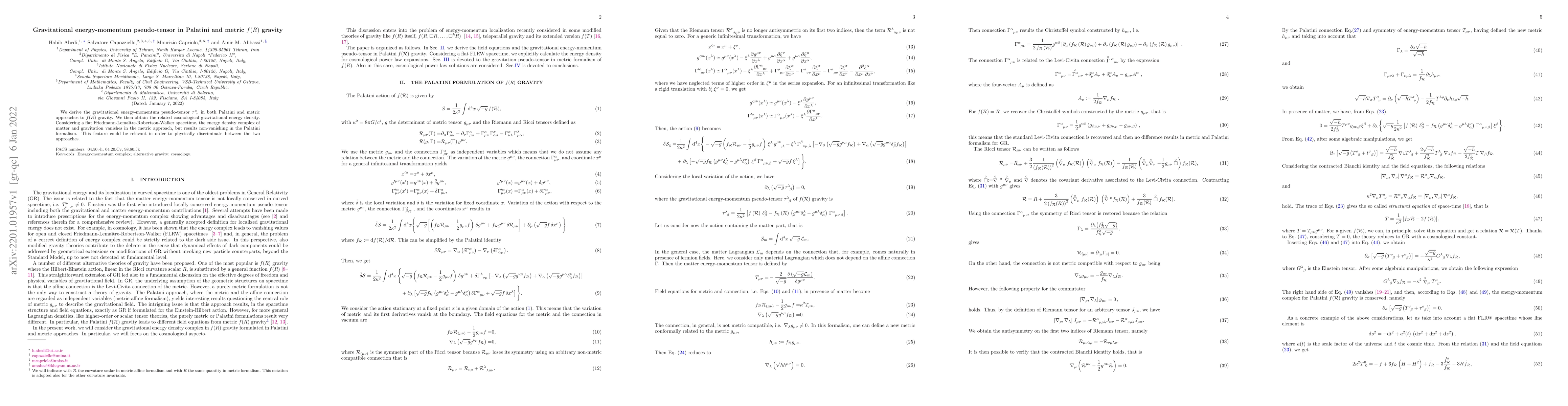 Thumbnail for Gravitational energy-momentum pseudo-tensor in Palatini and metric
  $f(R)$ gravity