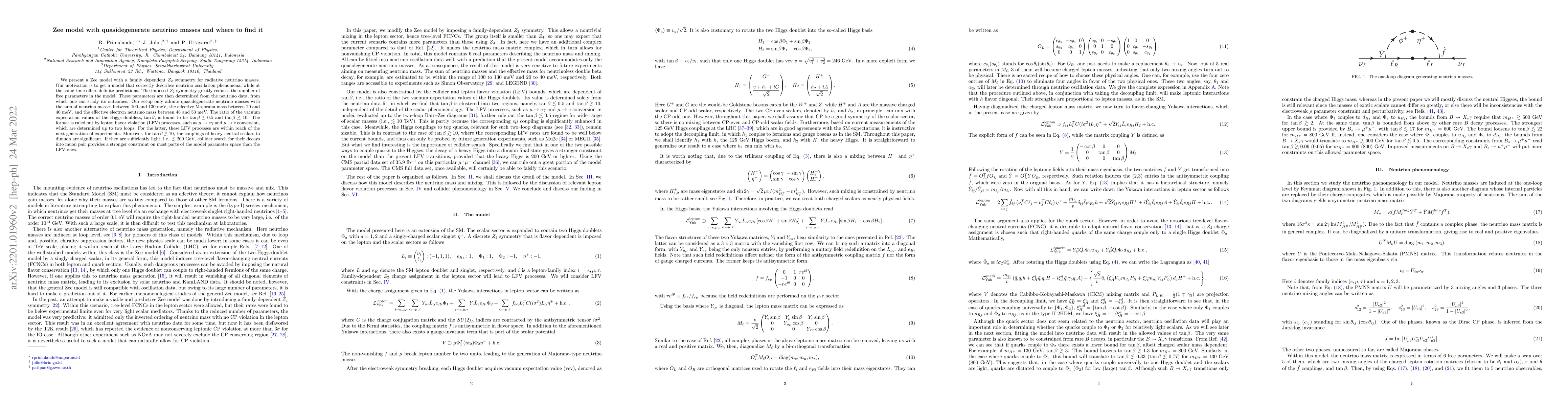Thumbnail for Zee model with quasidegenerate neutrino masses and where to find it