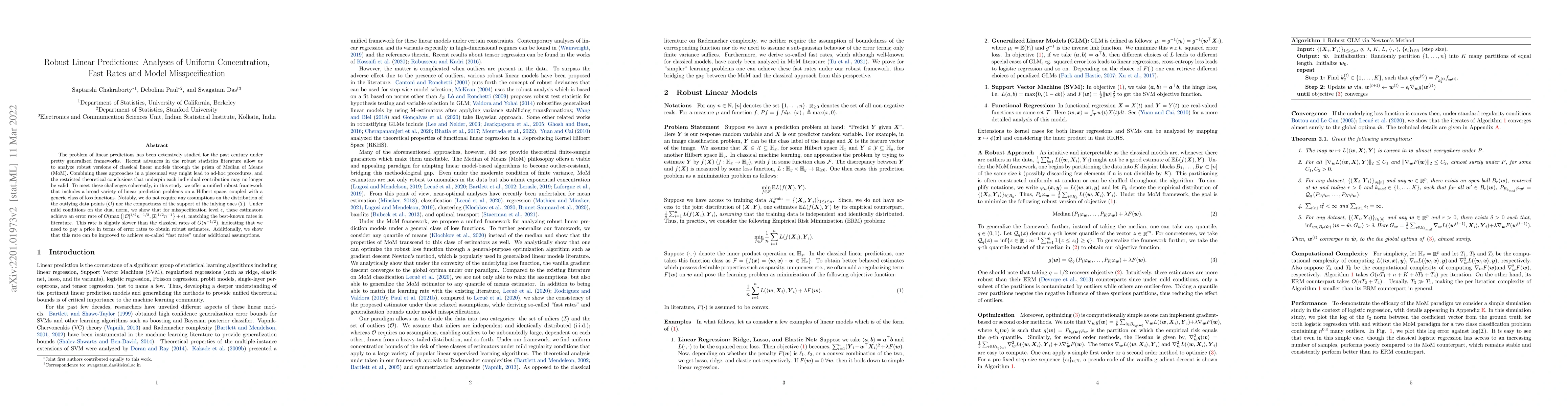 Thumbnail for Robust Linear Predictions: Analyses of Uniform Concentration, Fast Rates
  and Model Misspecification