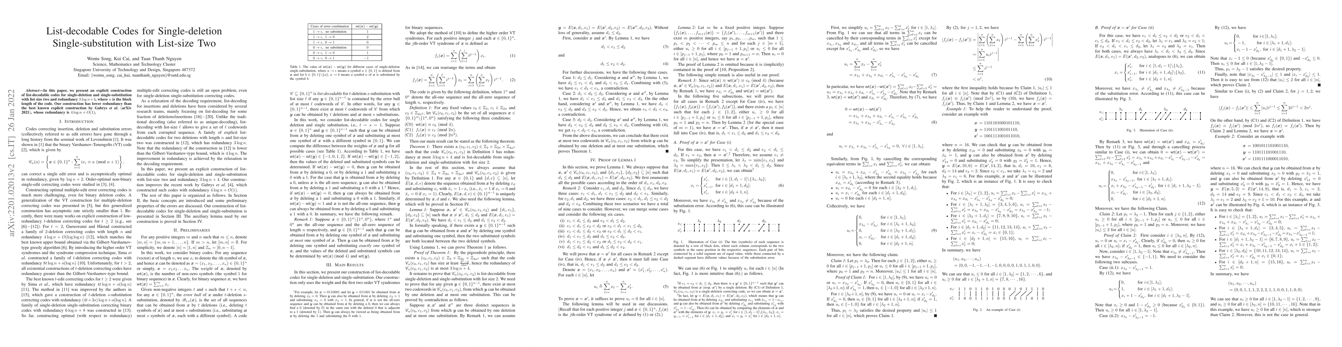 Thumbnail for List-decodable Codes for Single-deletion Single-substitution with
  List-size Two