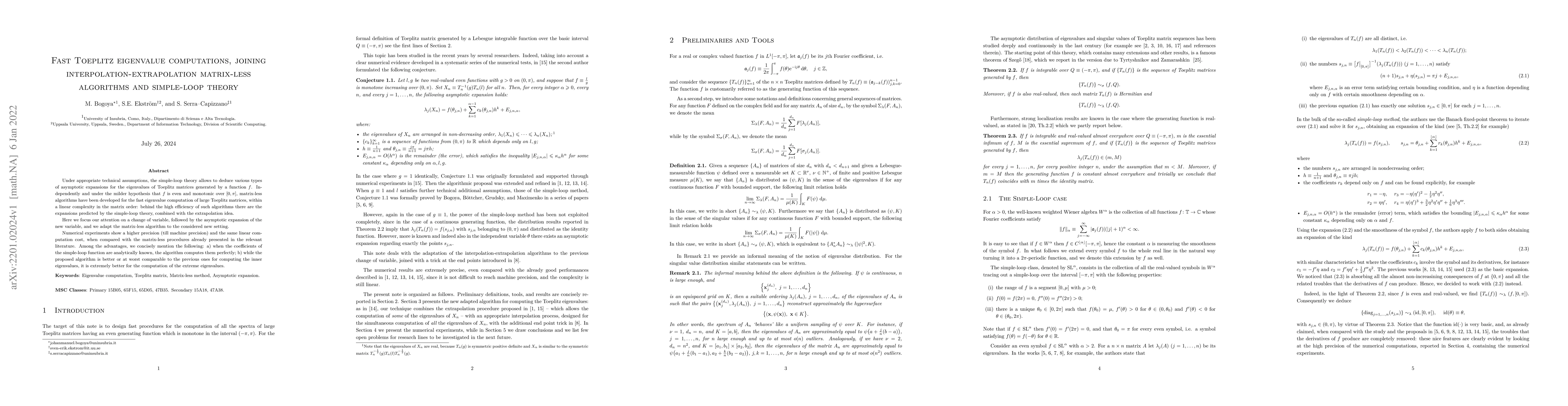 Thumbnail for Fast Toeplitz eigenvalue computations, joining
  interpolation-extrapolation matrix-less algorithms and simple-loop theory