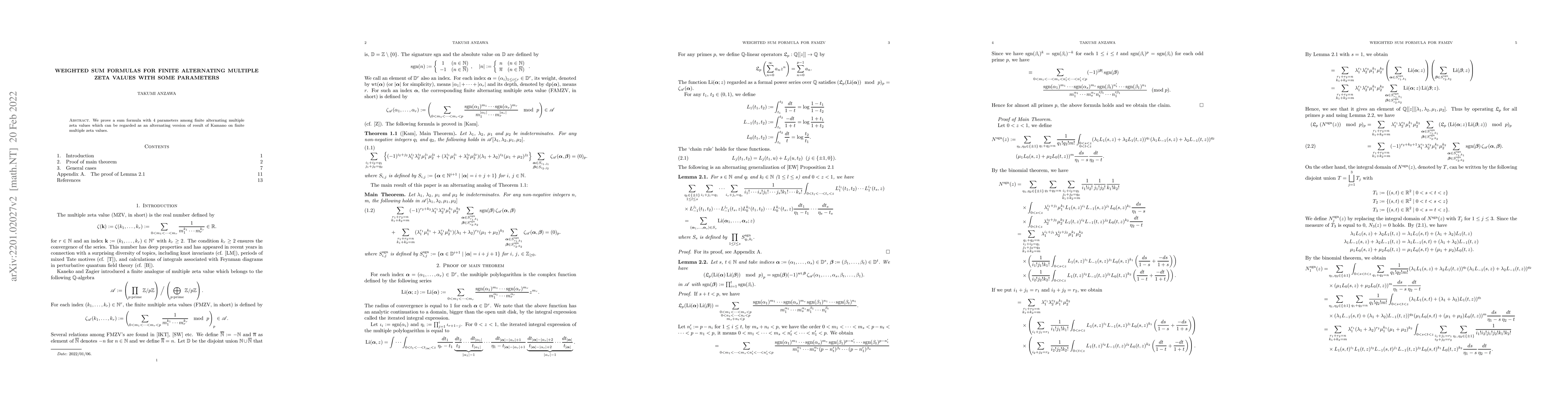 Thumbnail for Weighted sum formulas for finite alternating multiple zeta values with
  some parameters