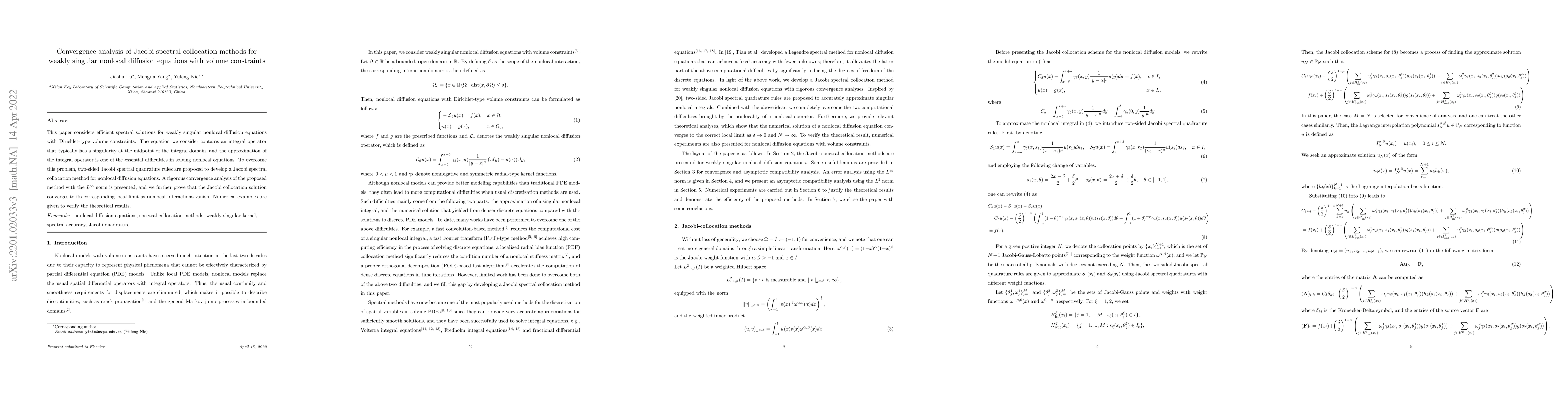 Thumbnail for Convergence analysis of Jacobi spectral collocation methods for weakly
  singular nonlocal diffusion equations with volume constraints