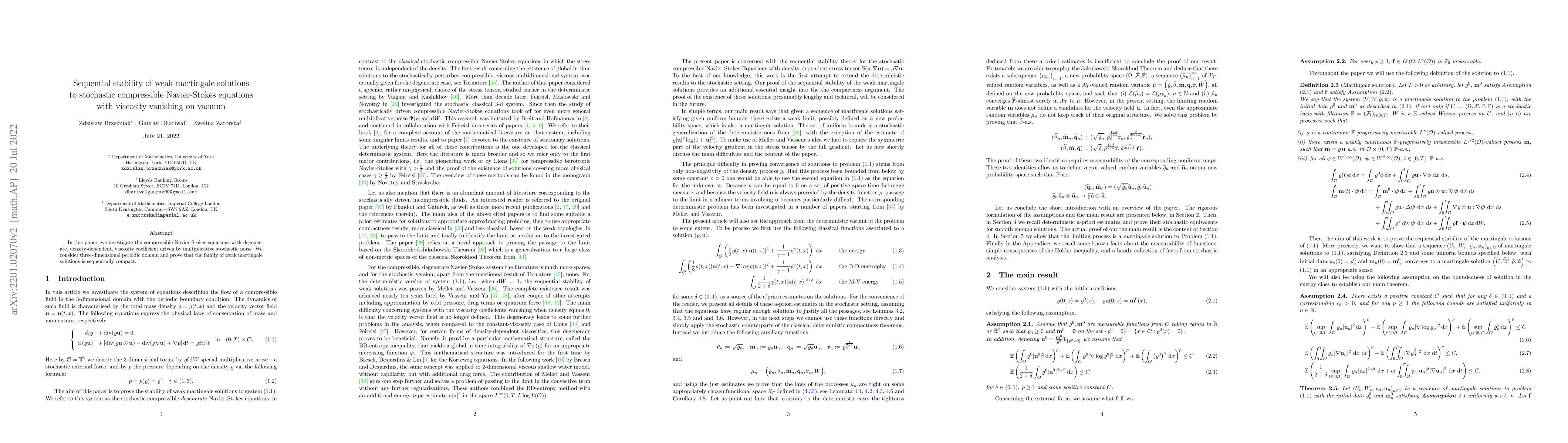 Thumbnail for Sequential stability of weak martingale solutions to stochastic
  compressible Navier-Stokes equations with viscosity vanishing on vacuum