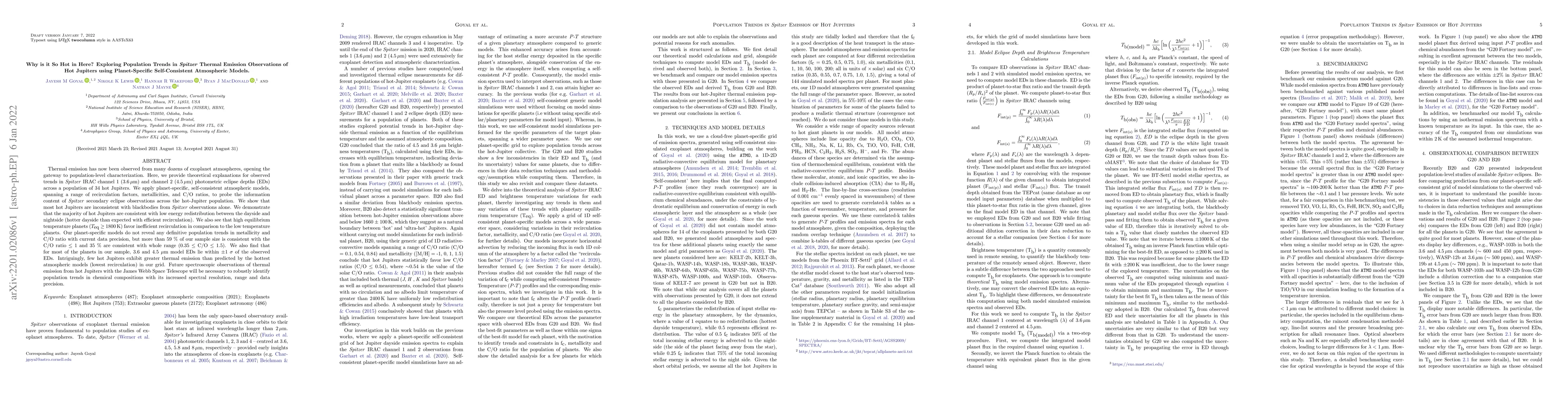 Thumbnail for Why is it So Hot in Here? Exploring Population Trends in
  $\textit{Spitzer}$ Thermal Emission Observations of Hot Jupiters using
  Planet-Specific Self-Consistent Atmospheric Models