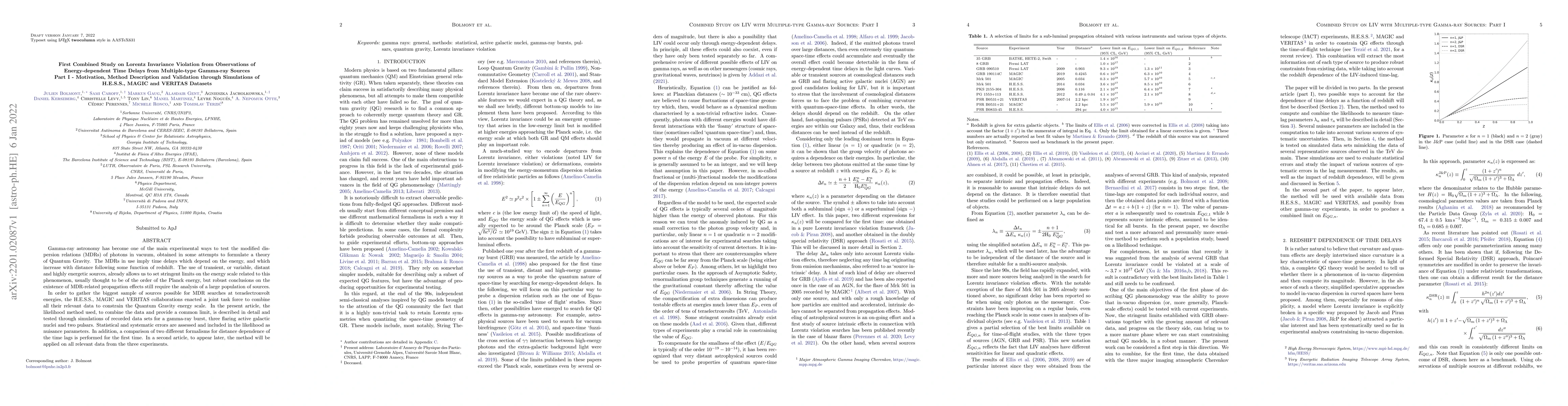 Thumbnail for First Combined Study on LIV from Observations of Energy-dependent Time
  Delays from Multiple-type Gamma-ray Sources -- Part I. Motivation, Method
  Description and Validation through Simulations of H.E.S.S., MAGIC and VERITAS
  Datasets