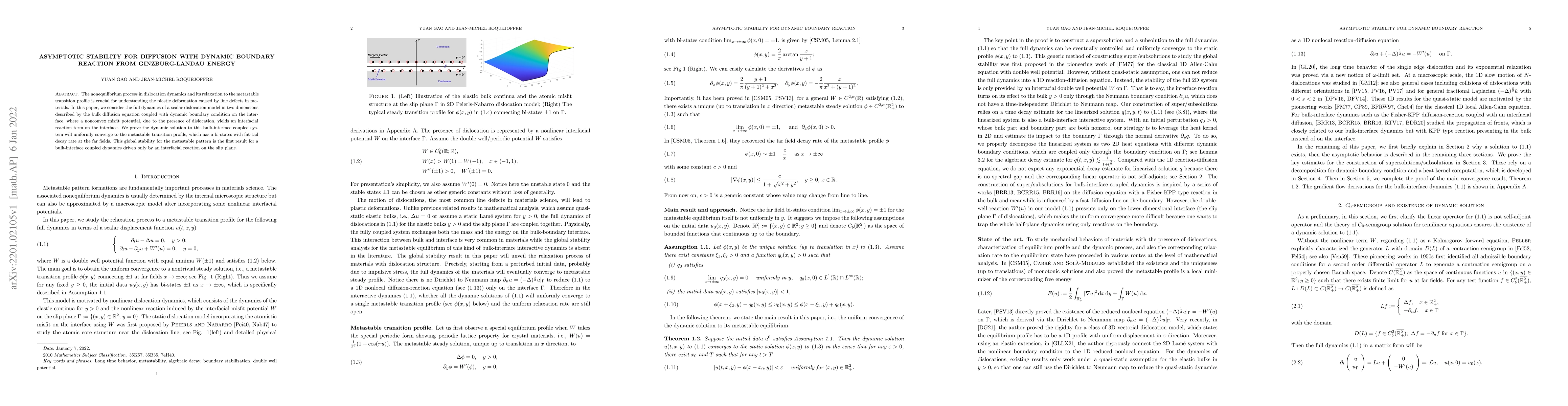 Thumbnail for Asymptotic stability for diffusion with dynamic boundary reaction from
  Ginzburg-Landau energy