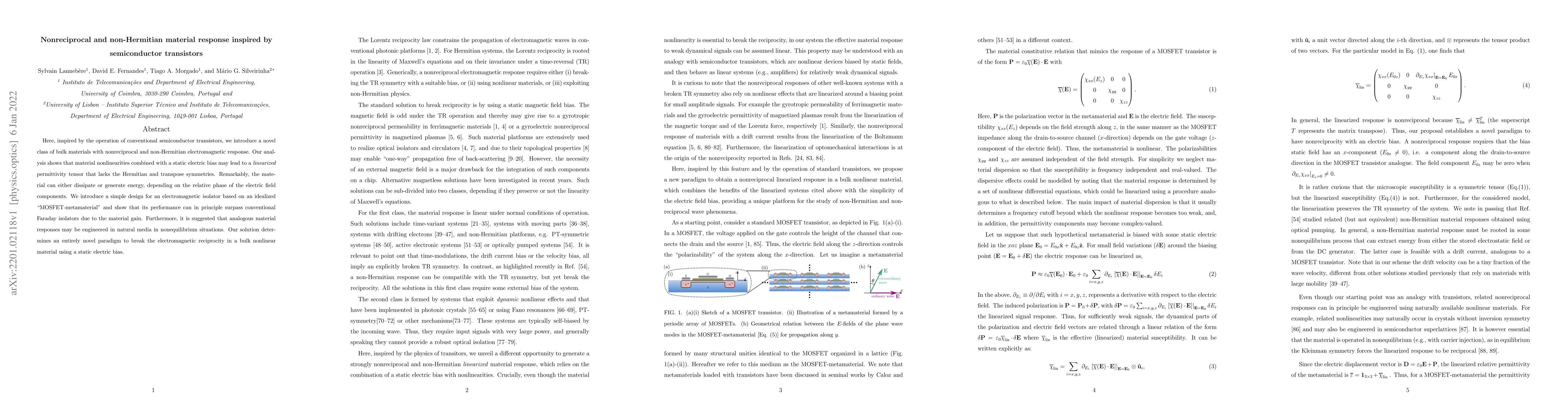 Thumbnail for Nonreciprocal and non-Hermitian material response inspired by
  semiconductor transistors