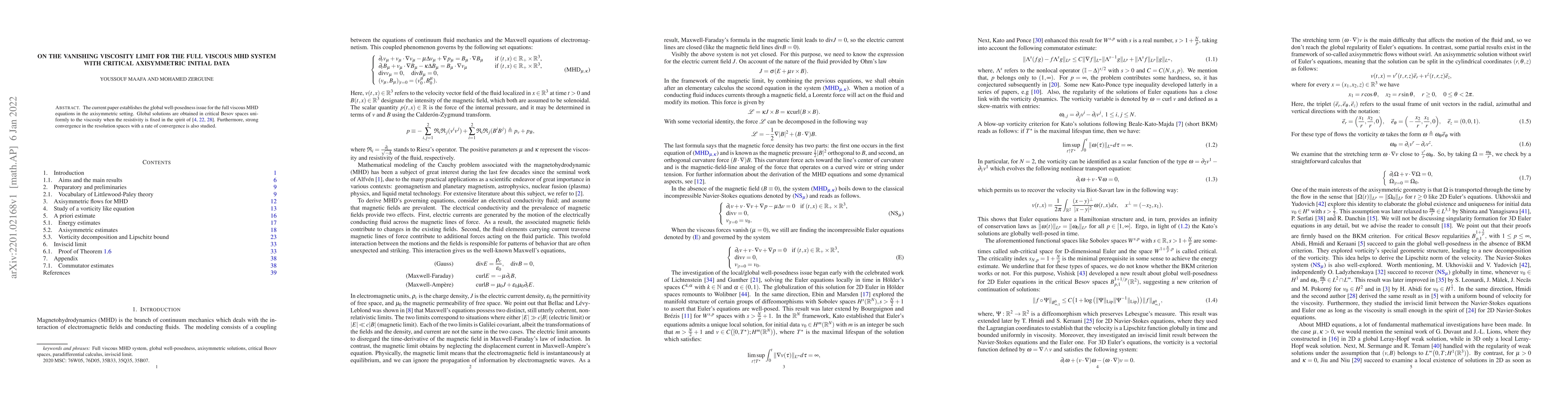 Thumbnail for On the vanishing viscosity limit for the full viscous MHD system with
  critical axisymmetric initial data