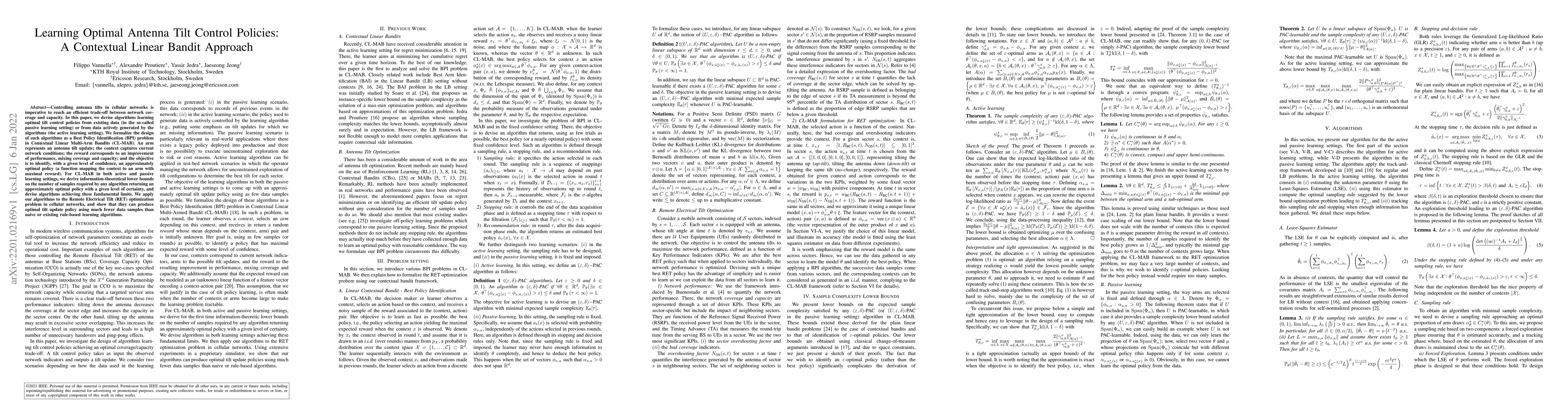 Thumbnail for Learning Optimal Antenna Tilt Control Policies: A Contextual Linear
  Bandit Approach