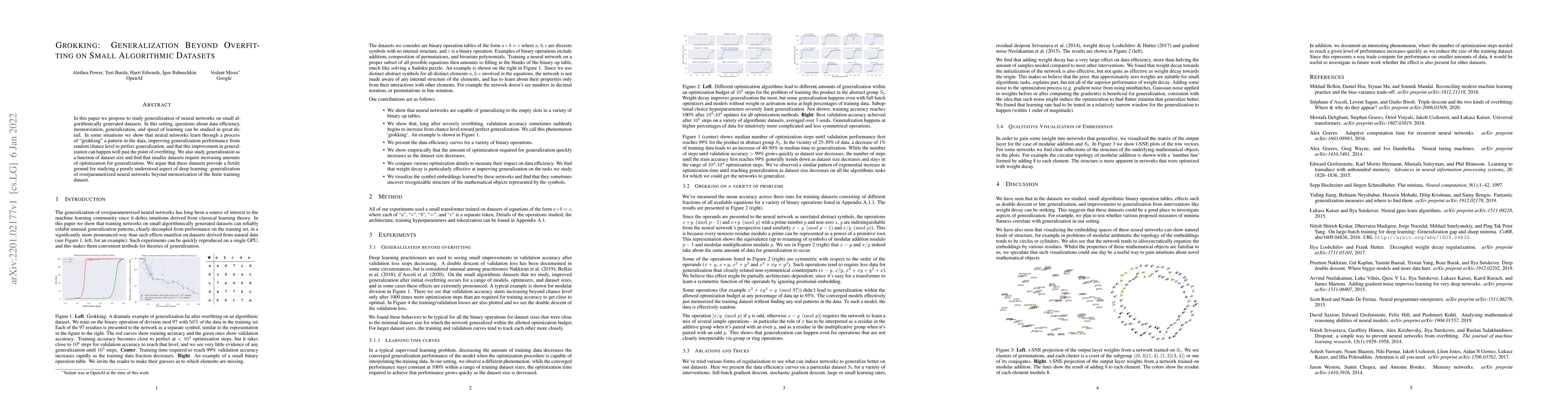 Thumbnail for Grokking: Generalization Beyond Overfitting on Small Algorithmic
  Datasets