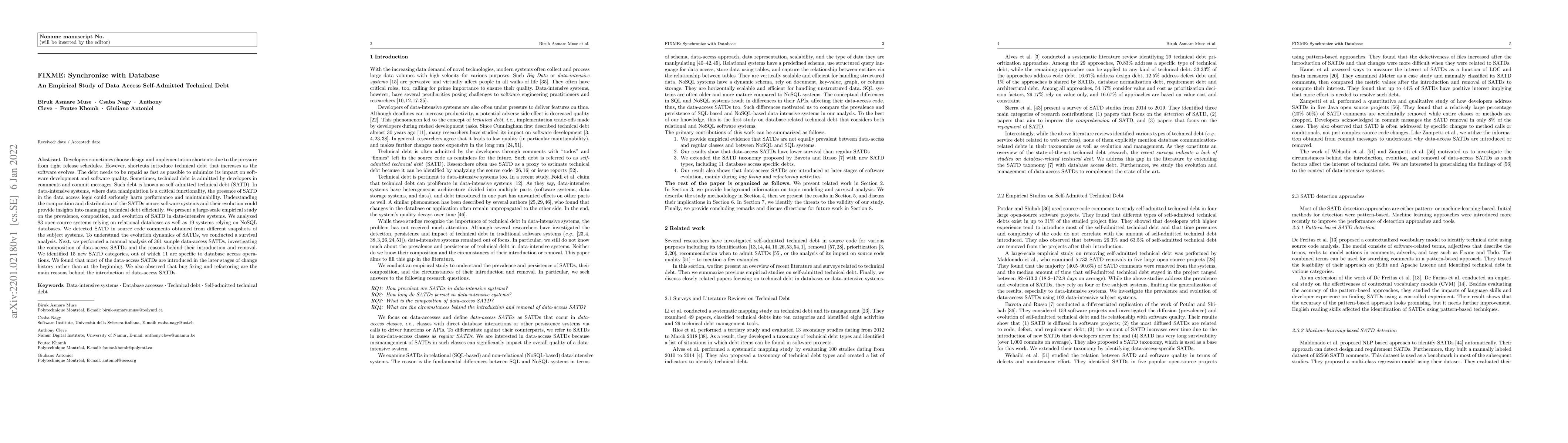 Thumbnail for FIXME: Synchronize with Database An Empirical Study of Data Access
  Self-Admitted Technical Debt