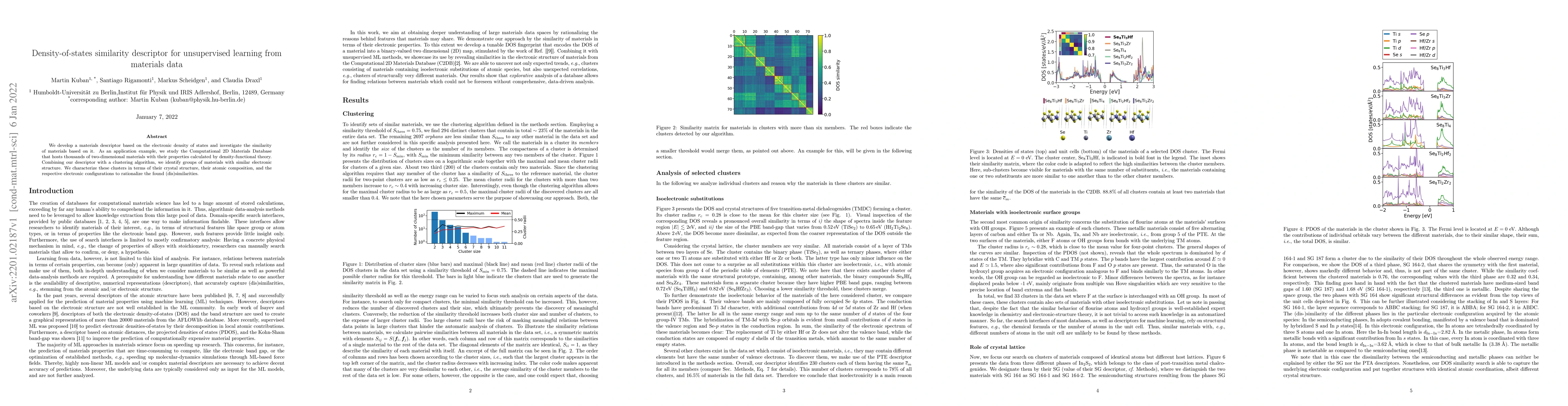 Thumbnail for Density-of-states similarity descriptor for unsupervised learning from
  materials data