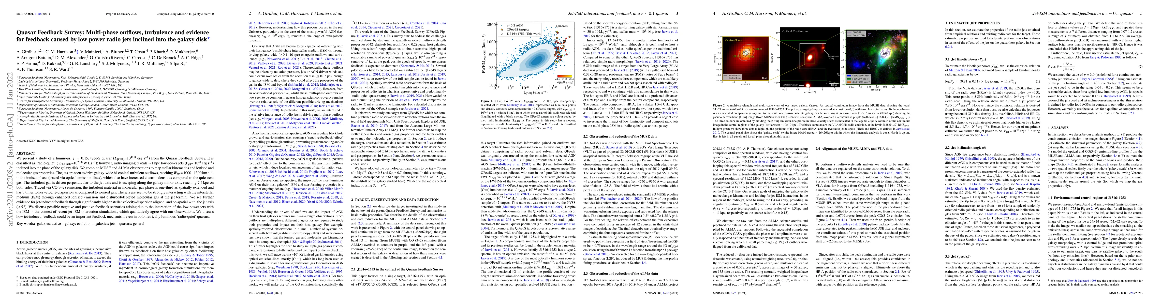 Thumbnail for Quasar Feedback Survey: Multi-phase outflows, turbulence and evidence
  for feedback caused by low power radio jets inclined into the galaxy disk