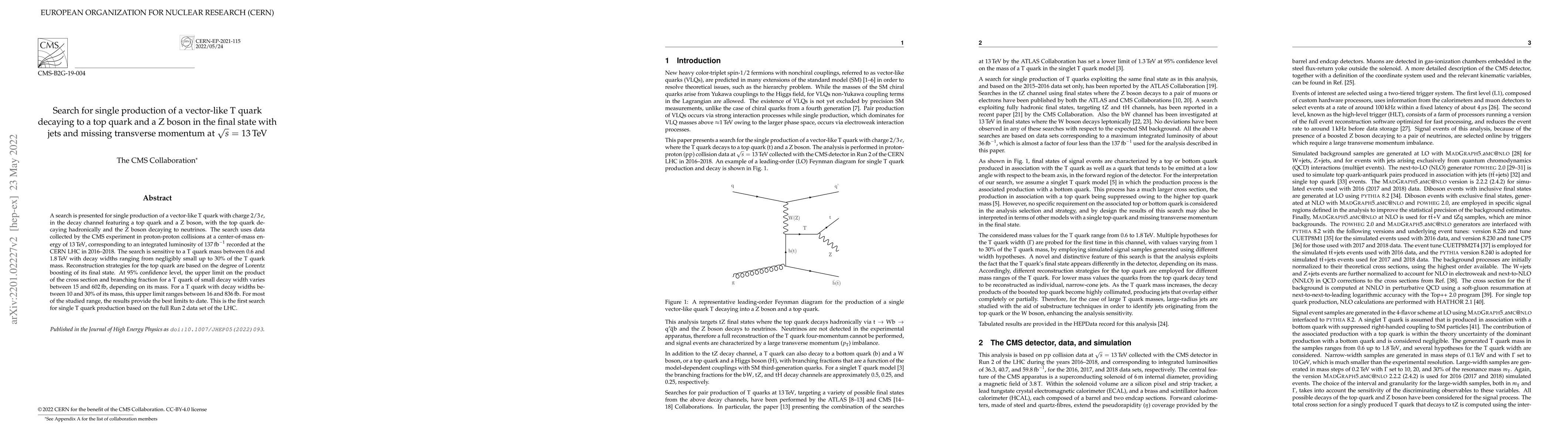 Thumbnail for Search for single production of a vector-like T quark decaying to a top
  quark and a Z boson in the final state with jets and missing transverse
  momentum at $\sqrt{s} =$ 13 TeV