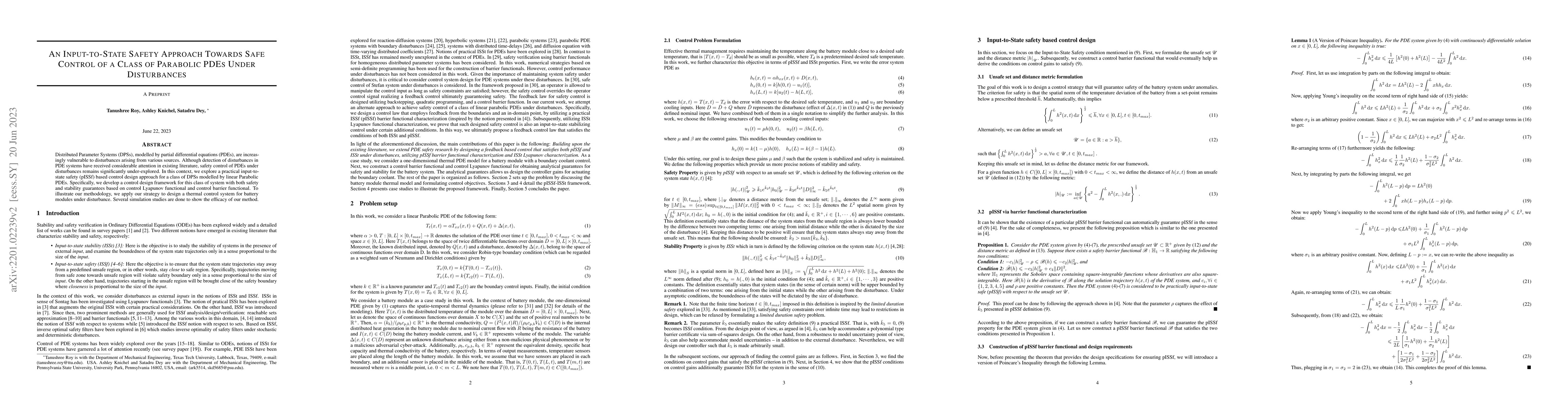 Thumbnail for An Input-to-State Safety Approach Towards Safe Control of a Class of
  Parabolic PDEs Under Disturbances