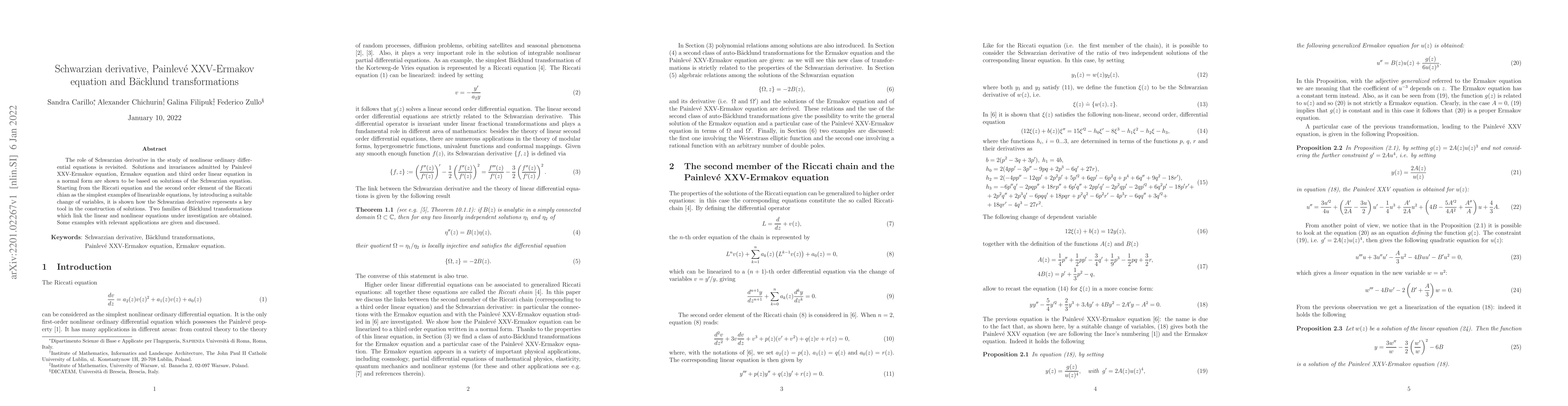 Thumbnail for Schwarzian derivative, Painlev\'e XXV-Ermakov equation and B\"acklund
  transformations