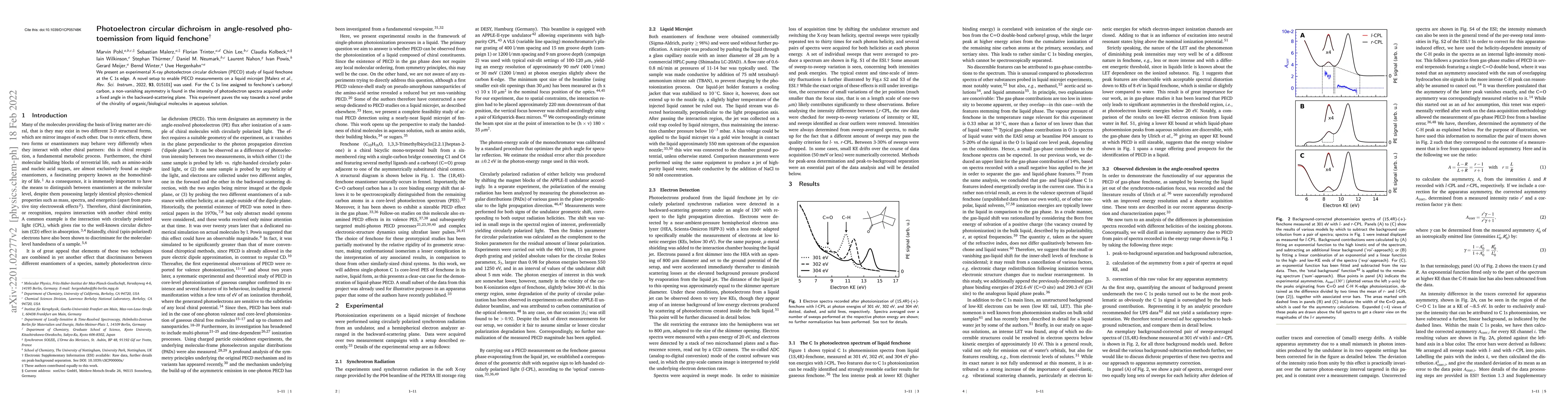 Thumbnail for Photoelectron circular dichroism in angle-resolved photoemission from
  liquid fenchone