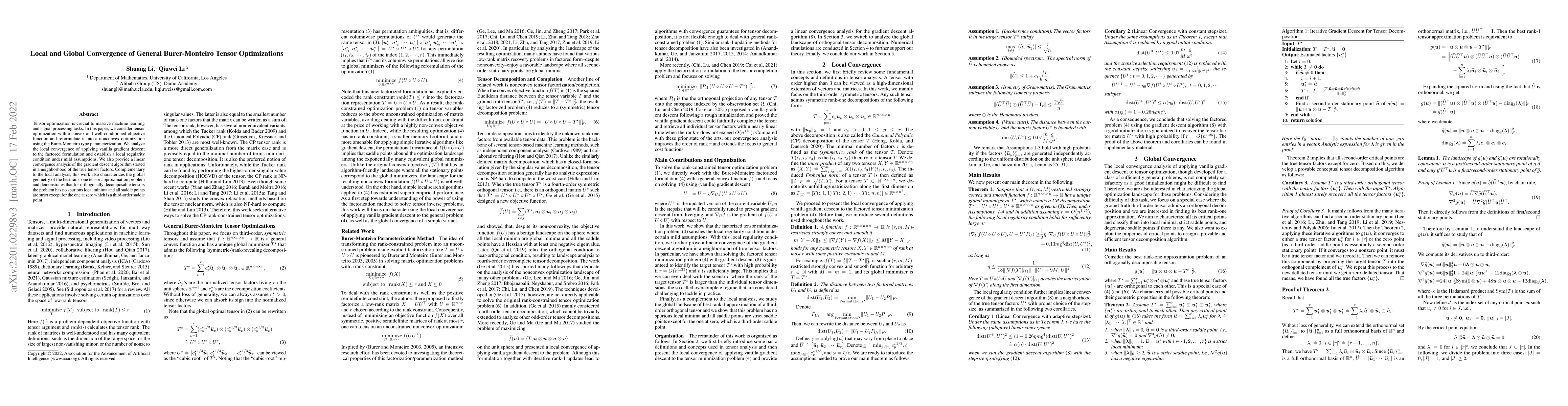 Thumbnail for Local and Global Convergence of General Burer-Monteiro Tensor
  Optimizations