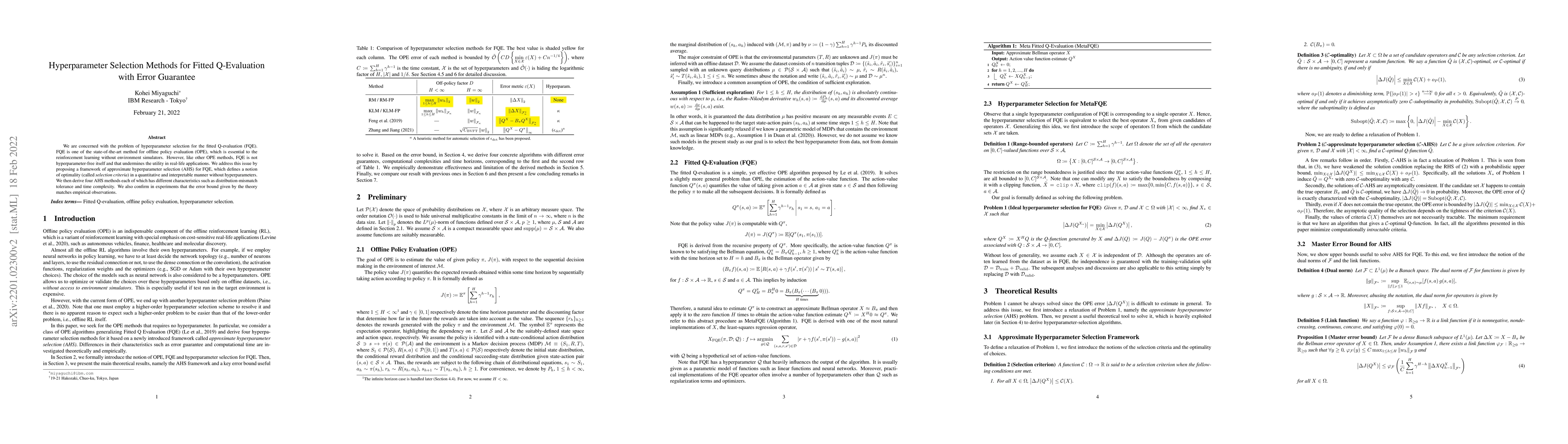Thumbnail for Hyperparameter Selection Methods for Fitted Q-Evaluation with Error
  Guarantee
